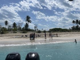 A lively group enjoys a day at the beach, with some swimming in the water and others walking along the shore — a perfect sandbar stop for fun in the sun.