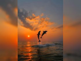 Two dolphins leap gracefully from the water against a stunning sunset backdrop, showcasing the beauty of marine wildlife in their natural habitat.