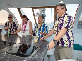 A lively group celebrates aboard a boat, enjoying cocktails and laughter, perfect for memorable gatherings on the water.