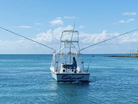 A fishing boat named 'Elimar' navigates through clear waters, showcasing the perfect setting for a day of fishing adventures.