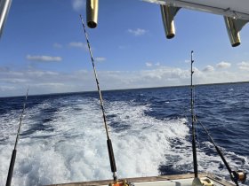 A scenic view from a fishing boat, showcasing the ocean wake and fishing rods in action — perfect for fishing enthusiasts and adventure seekers.