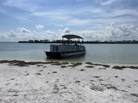 A serene view of a pontoon boat docked near a sandy shore, surrounded by calm waters and a picturesque sky — perfect for a day of relaxation on the water.