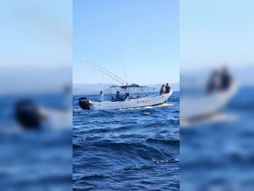 A group of anglers enjoys a fishing trip aboard the 'ROMA' boat, navigating through the beautiful ocean waters.