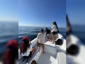 A group of friends enjoys a day on the water, peering over the side of their boat, likely in search of marine life or enjoying the serene ocean views.
