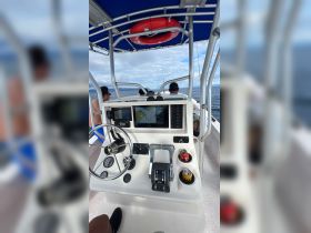 An interior view of a boat's helm showcasing the steering console and navigation equipment, with guests visible in the background — perfect for fishing trips or leisure outings on the water.