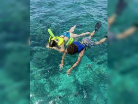 Two snorkelers explore the vibrant underwater world in crystal-clear waters, showcasing the excitement of marine adventures.
