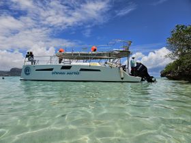 A catamaran named 'Sirena Moris' is seen navigating through clear waters, showcasing a vibrant day on the water with guests enjoying the scenic surroundings.