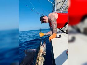 A fisherman proudly displays his catch of a sailfish while out on the open ocean, showcasing the thrill of deep-sea fishing adventures.