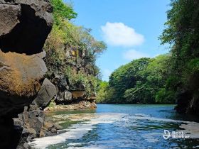 A serene view of a winding river surrounded by lush greenery and rocky cliffs, perfect for nature lovers and scenic boat tours.