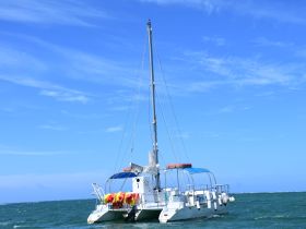 A side view of a catamaran sailing in clear blue waters, showcasing its sleek design and vibrant life jackets on board — perfect for a day of adventure on the sea.