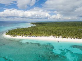 A stunning aerial view of a tropical island with white sandy beaches and crystal-clear waters, perfect for a serene getaway or island hopping adventures.