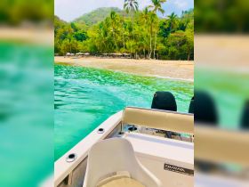 A picturesque view from a boat approaching a serene beach surrounded by lush tropical greenery, perfect for a relaxing getaway.