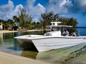 A group of people relaxes on a boat anchored near a serene beach, surrounded by lush greenery — a perfect setting for a day of fun on the water.
