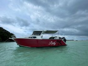A striking view of the 'Lady' boat anchored in calm turquoise waters, showcasing its sleek design against a backdrop of cloudy skies.
