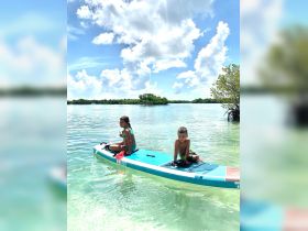 Two children enjoy paddleboarding in clear waters under a bright sky, capturing the essence of summer fun and adventure on the water.
