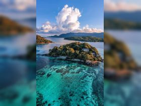 A stunning aerial view of a picturesque island surrounded by crystal-clear waters, showcasing the natural beauty of the coastline and vibrant marine life.