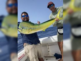 Two anglers proudly display their impressive catch while fishing on a boat, showcasing the excitement of a successful day on the water.