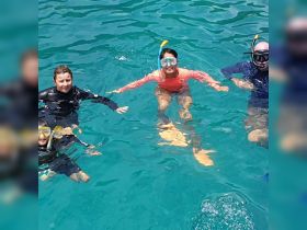 A lively group enjoys snorkeling in crystal-clear waters, showcasing the fun and adventure of underwater exploration.
