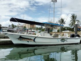A fishing boat named 'El Profeta' docked at the marina, showcasing its sleek design and vibrant artwork, perfect for deep-sea fishing adventures.