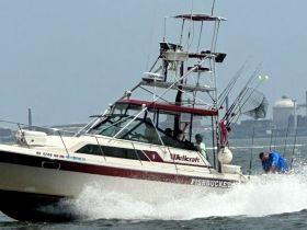A fishing boat named 'Fishbucket' navigates through the water with crew members actively engaged in fishing activities, showcasing the excitement of on-water adventures.