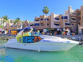 A sleek speedboat docked in a vibrant marina, showcasing its colorful design against a backdrop of shops and palm trees — perfect for water adventures.