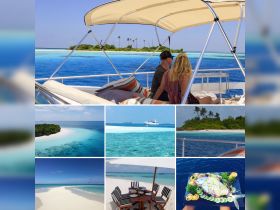 A couple enjoys a picturesque view from their boat, overlooking stunning turquoise waters and a serene island backdrop — perfect for romantic getaways and scenic dining experiences.
