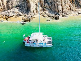 A vibrant catamaran named 'Big Mike' anchored near a picturesque beach, with guests enjoying the sun and water — a perfect setting for a fun day on the water.