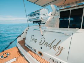 A close-up view of the 'Sea Daddy' yacht showcasing its sleek design and grill, perfect for luxurious outings on the water.