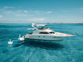 A stunning aerial view of the 'Sea Daddy' yacht cruising through crystal-clear waters, accompanied by whimsical swan floaties, perfect for a day of relaxation on the water.