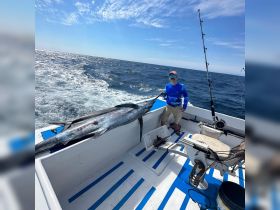 A proud angler poses with a marlin catch aboard a fishing boat, showcasing the thrill of deep-sea fishing in open waters.