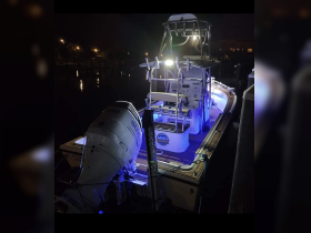 A beautifully lit boat docked at night, showcasing its sleek design and illuminated features — perfect for evening outings on the water.