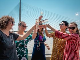 A group of friends raises their glasses in a toast aboard a boat, celebrating together under the sun — perfect for memorable gatherings and special occasions on the water.