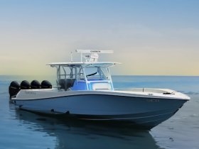 A sleek speedboat glides through calm waters, showcasing its modern design and powerful engines — perfect for thrilling adventures on the open sea.
