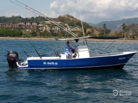 The 'El Gato III' speedboat is seen cruising through clear waters, showcasing its sleek design and fishing gear, perfect for a day on the water.