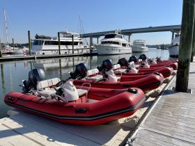 A row of red inflatable speedboats docked at a marina, showcasing their sleek design and ready for adventure on the water.