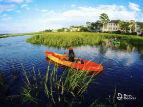 A vibrant scene of kayakers navigating through lush waterways, showcasing the beauty of outdoor adventures and group activities in nature.