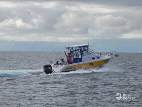 A lively group enjoys a fishing trip aboard 'Dad's Therapy,' navigating the ocean waves while casting their lines for a catch.
