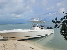 A sleek speedboat is docked on a sandy beach, surrounded by tranquil waters — perfect for fishing adventures or day trips on the water.