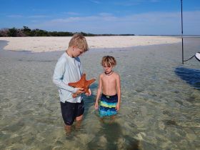Two children interact with a vibrant starfish in shallow waters, showcasing a delightful moment of wildlife exploration.