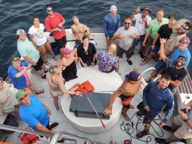 A lively group of friends celebrates aboard a boat, showcasing the joy of a fun-filled day on the water.