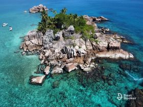 A stunning aerial view of a rocky island surrounded by crystal-clear turquoise waters, perfect for exploring and enjoying nature's beauty.