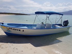 A vibrant view of the 'JAZIVE I' boat docked on a serene beach, showcasing its sleek design against a backdrop of calm waters and distant mountains.