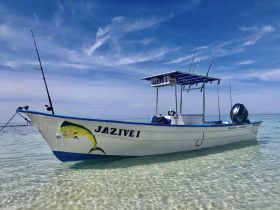 A striking view of the fishing boat 'JAZIVE I' anchored in crystal-clear waters, showcasing its vibrant design and fishing gear, perfect for a day out on the sea.