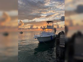 A fishing boat docked at sunset, casting a beautiful reflection on the water — a serene moment perfect for evening cruises.