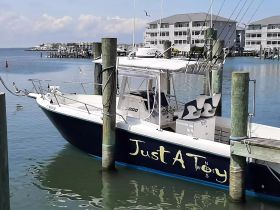 A sleek speedboat named 'Just A Toy' docked peacefully in calm waters, showcasing its stylish design and readiness for adventure.