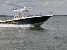 A speedboat named 'Just A Toy' glides through the water with a captain at the helm, showcasing the thrill of boating adventures.