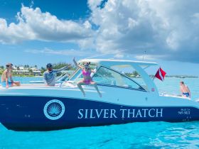 A joyful moment captured as a child jumps off the boat into the crystal-clear waters, surrounded by family enjoying a fun day on the water with the 'Silver Thatch' boat.