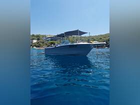 A sleek speedboat anchored in crystal-clear waters, showcasing its elegant design against a picturesque backdrop of greenery.