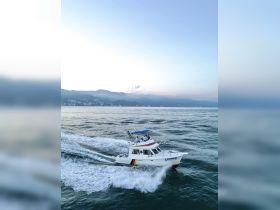 Aerial view of a speedboat cruising through calm waters, showcasing its sleek design and vibrant colors — perfect for adventure seekers on the water.