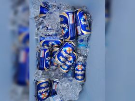 A cooler filled with ice and cans of Salva Vida beer, perfect for keeping drinks chilled during a day on the water.